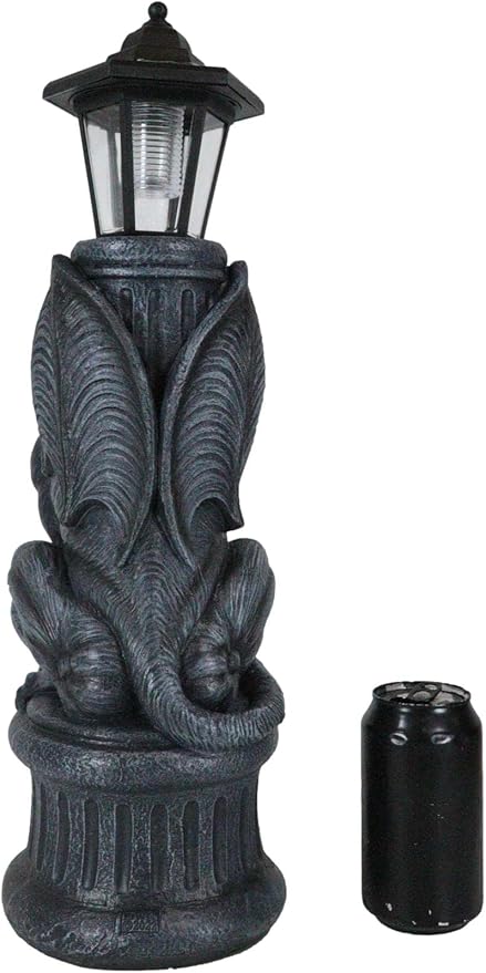 Ebros Faux Stone Gothic Crouching Winged Gargoyle Statue with Solar LED Lantern Light Post 20" Tall Decor Figurine