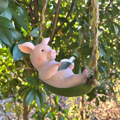 Hanging Hammock Swing Pig Figurine Statues for Garden Decor, Sleeping Reading Pig Tree Hanger for Yard Garden Indoor Outdoor Home Decoration