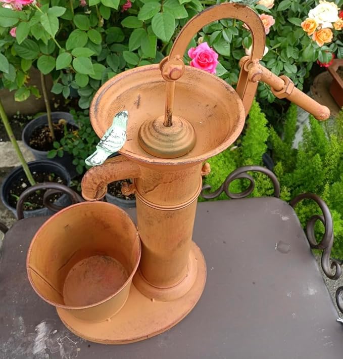 Vintage Garden Water Pump Decor, Rustic Wrought Iron Bird Bath, Red, Blue, White, Rust, Outdoor Yard Decor, Height 22 Inches (Rust)