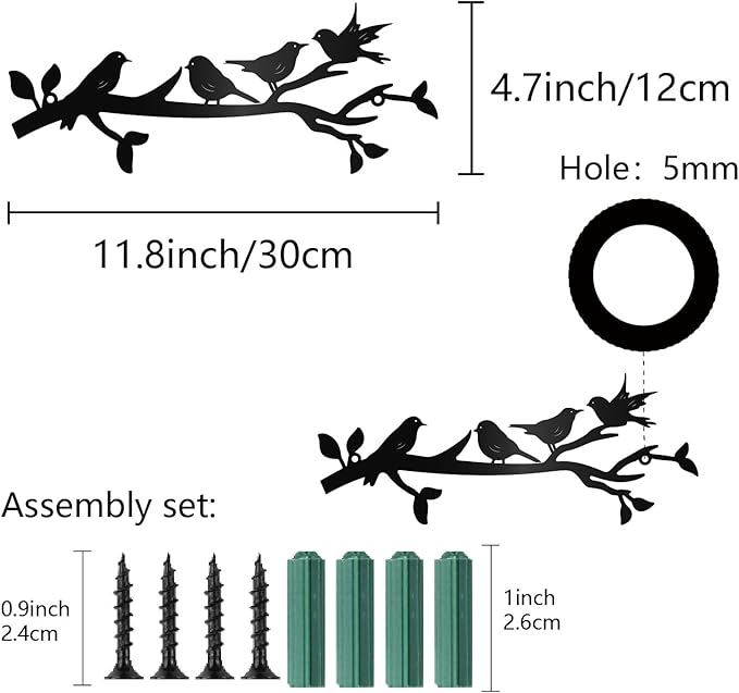CREATCABIN Metal Bird Wall Art Birds on The Branch Wall Decor Black Leaves with Birds Hanging Sign Ornament Sculpture Bird Branch Silhouette Wall Decoration for Garden Balcony Bedroom 11.8x4.7Inch