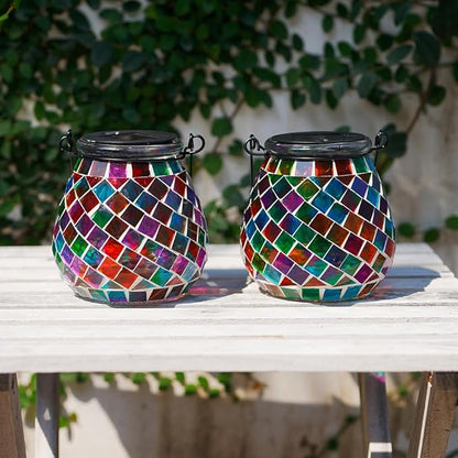 Stargarden 2 Pack Mosaic Solar Lanterns Outdoor Waterproof, Colorful Glass Hanging Lantern Decorative Solar Lights for Yard, Patio, Lawn, Gaden Decor