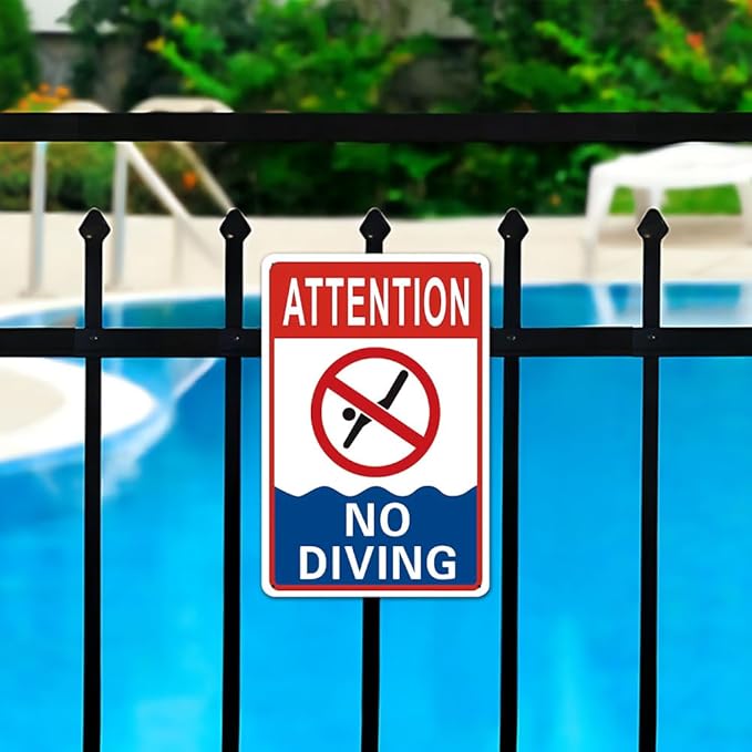 No Diving Pool Sign - 8 x 12 inch Aluminum Metal Pool Signs for Outside, Patio, Back Yard, Swimming Pool, Beach, Inside, UV Protected and Waterproof