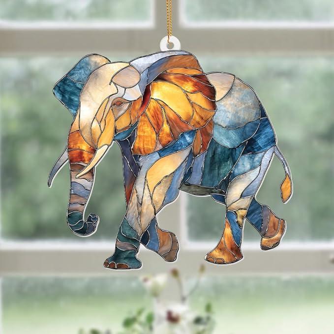Elephant Ornament Stained Glass Style Acrylic – Window Hanging Suncatcher, Elephant Gifts for Women, Wildlife Animal Decor, Rearview Mirror Ornament, Holiday Christmas Tree Decorations(Sun-27)