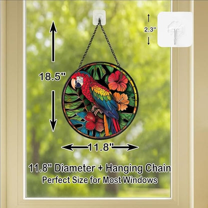 Stained Glass Window Hanging - Tropical Parrot with Hibiscus Flowers Sun Catchers Indoor Stained Glass Panels Wall Decor for Mom Wife Lovers Festive