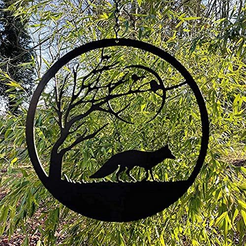Black Fox Metal Wall Art For Outdoor Animal And Tree Silhouette Round Garden Decor Sculptures Metal Hanging Decoration