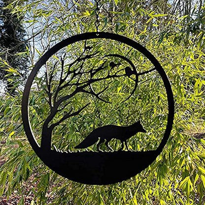 Black Fox Metal Wall Art For Outdoor Animal And Tree Silhouette Round Garden Decor Sculptures Metal Hanging Decoration
