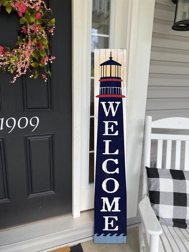 Welcome Lighthouse Sign for Front Door, 4ft Tall Front Porch Decor, Vertical Wooden Signs for Front Porch, Rustic Farmhouse Wood Porch Decorations Outdoor