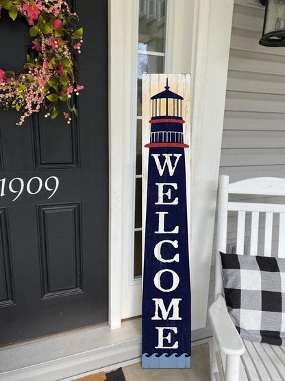 Welcome Lighthouse Sign for Front Door, 4ft Tall Front Porch Decor, Vertical Wooden Signs for Front Porch, Rustic Farmhouse Wood Porch Decorations Outdoor