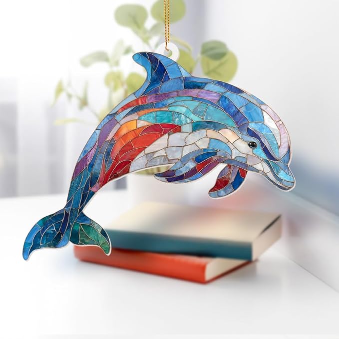 Dolphin Stained Glass Ornament, Ocean Marine Life Window Hanging Suncatcher Acrylic Decor, Nautical Animal Ornament for Home, Car Mirror, Beach House, Collectible Gift for Dolphin Lovers(Sun-08)
