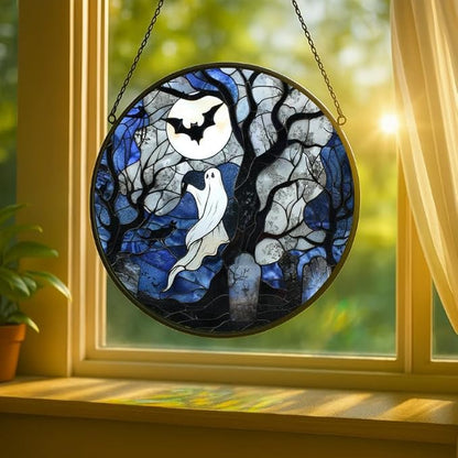 Stained Glass Window Hanging - 9.8in Spirits, Cat and Full Moon Graveyard Scene Sun Catchers Panel for Indoor Decorative Display for Mom, Wife, Lovers, Festive