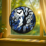 Stained Glass Window Hanging - 6.3in Spirits, Cat and Full Moon Graveyard Scene Sun Catchers Panel for Indoor Decorative Display for Mom, Wife, Lovers, Festive