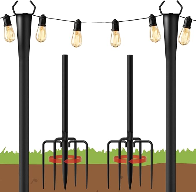 10Ft String Light Poles 2 Pack for Outside, Metal Outdoor Light Poles with 5 Prongs for Garden Patio Backyard Deck, Fence Bracket Hanging Light for Party Wedding Decor