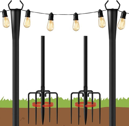 10Ft String Light Poles 2 Pack for Outside, Metal Outdoor Light Poles with 5 Prongs for Garden Patio Backyard Deck, Fence Bracket Hanging Light for Party Wedding Decor