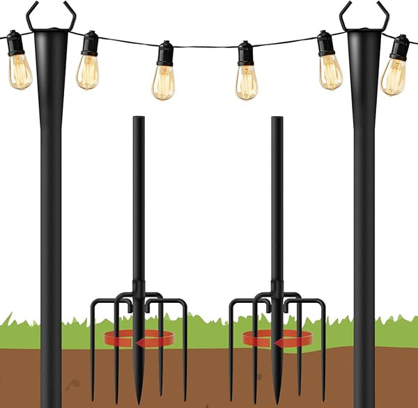 10Ft String Light Poles 2 Pack for Outside, Metal Outdoor Light Poles with 5 Prongs for Garden Patio Backyard Deck, Fence Bracket Hanging Light for Party Wedding Decor