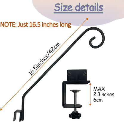 Heavy Duty Deck Hook,Courtyard Decoration,Pole 16.5”Long Metal Deck Railing Hooks for Hanging Bird Feeders,Planters,Suet Baskets,Lanterns,Wind Chimes,Clamp Mounted,Under 18 LBS