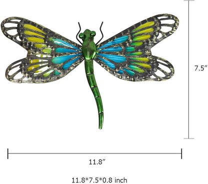 HONGLAND 2Pcs Metal Dragonfly Wall Decor Outdoor Dragonfly Wall Art Glass Sculpture for Home Garden Fence-Blue&Green