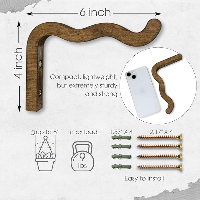 EvenWood 2-Piece Set of Wavy Wooden Wall Planters for Indoor Plants 6 Inch - Natural Plant Hook for Wall Plant, Wind Chimes, Flower Brackets, Patio Garden Decorations - Bracket Plant Hanger (Walnut)