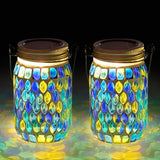 Starsoul 2 Pack Solar Lanterns Outdoor Waterproof, Decorative Teal Mosaic Glass Outdoor Lantern, Hanging Solar Garden Lights for Outside Pathway Patio Porch Yard Table, Gifts for Women Mom Grandma