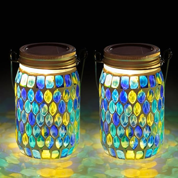 Starsoul 2 Pack Solar Lanterns Outdoor Waterproof, Decorative Teal Mosaic Glass Outdoor Lantern, Hanging Solar Garden Lights for Outside Pathway Patio Porch Yard Table, Gifts for Women Mom Grandma