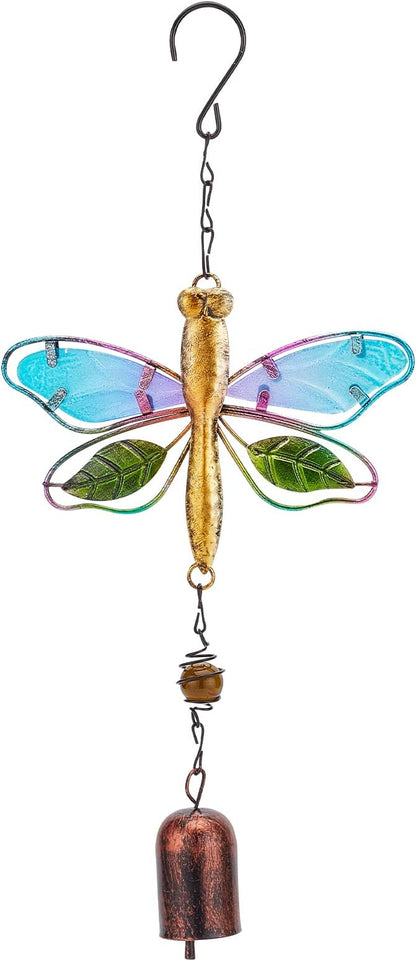 GORGECRAFT Dragonfly Wind Chime Metal Glass Music Wind Bell 14.2" Romantic Colorful Dragonfly Shaped Hanging Ornaments with Chime Gifts for Women Garden Patio Yard Party Indoor Outdoor Decorations