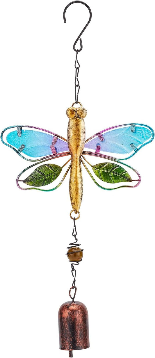 GORGECRAFT Dragonfly Wind Chime Metal Glass Music Wind Bell 14.2" Romantic Colorful Dragonfly Shaped Hanging Ornaments with Chime Gifts for Women Garden Patio Yard Party Indoor Outdoor Decorations