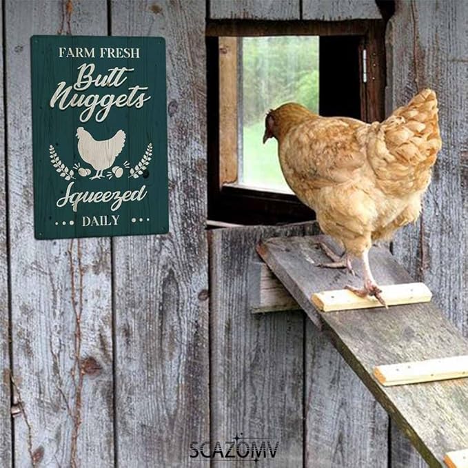 Chicken Coop Tin Sign-Farm Fresh Butt Nuggets, Vintage Metal Hanging Plaque for Egg Market Farm Barn Yard Garden Home Kitchen Bar Wall Decor Hen House Accessories Outdoor (12" x 8")