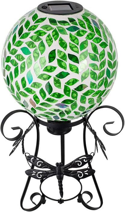 Stargarden Solar Gazing Ball, 10" Mosaic Gazing Ball,Glass Gazing Globe with Metal Stand, Decorative Solar Globes for Patio, Lawn, Garden Decor(Green Leaf)