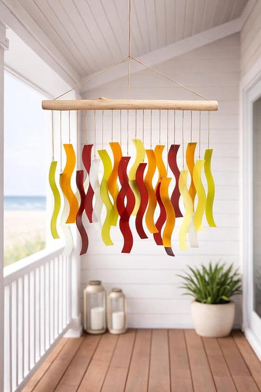 OMA Glass Wind Chime – Handmade Recycled Glass & Driftwood Chime for Garden Patio Decor – Multi Color Hanging Chime for Garden, Patio Or Indoor Decor Sun Catcher Gift - Large 20"