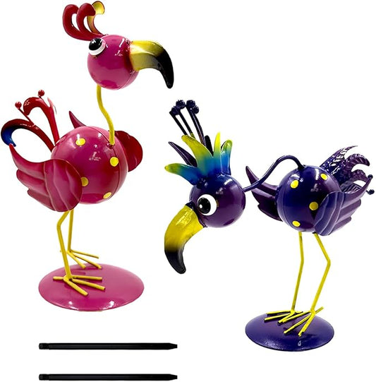 Whimsical Metal Bird Garden Statues Set of 2, Colorful Outdoor Yard Art with Stakes, Weather-Resistant Metal Bird Figurines for Garden Lawn Patio Decor, Cute Garden Gift