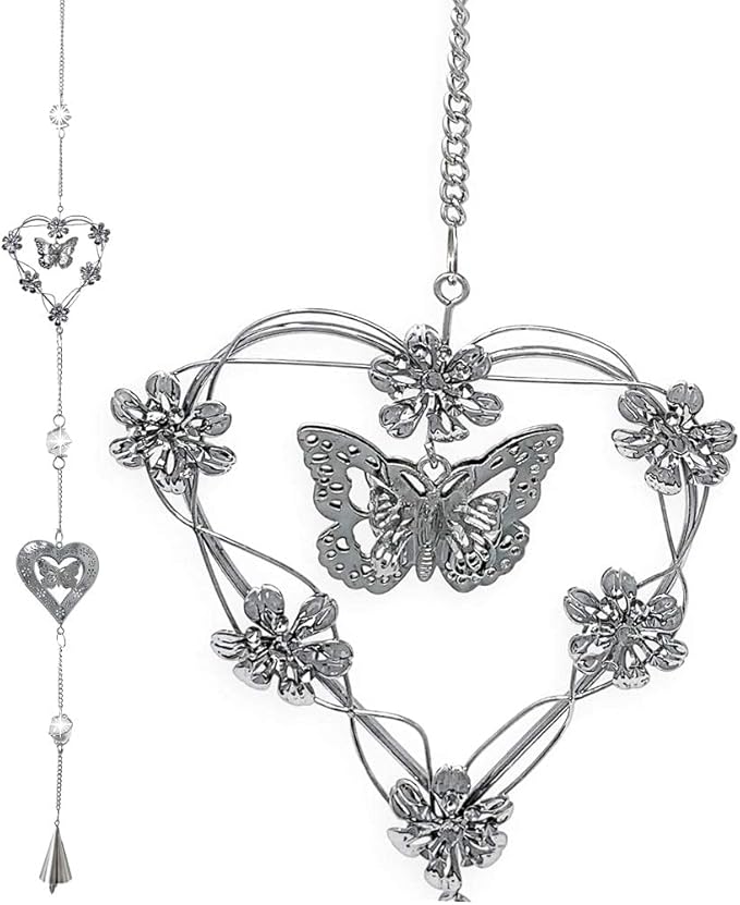 Butterfly Bell Wind Chimes - Butterfly and Heart with Mobile Design - Metal Silver Hearts - Butterflies and Flowers - 40" Long - Sturdy S Hook for Hanging