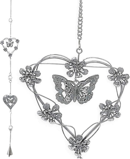 Butterfly Bell Wind Chimes - Butterfly and Heart with Mobile Design - Metal Silver Hearts - Butterflies and Flowers - 40" Long - Sturdy S Hook for Hanging