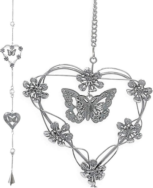 Butterfly Bell Wind Chimes - Butterfly and Heart with Mobile Design - Metal Silver Hearts - Butterflies and Flowers - 40" Long - Sturdy S Hook for Hanging