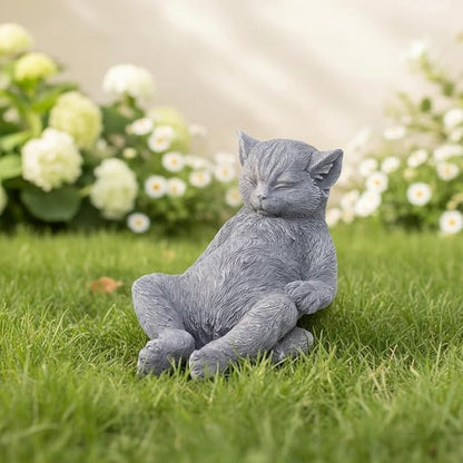 Stone Cat Garden Statue, Funny Resin Cat Figurine for Indoor & Outdoor Decor, Cute Relaxing Cat Sculpture for Patio Yard Lawn Porch Shelf, Cat Lover Gift, Weather Resistant, 9.8" L x 5.9" W x 6.7" H