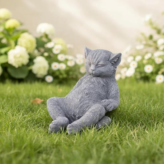 Stone Cat Garden Statue, Funny Resin Cat Figurine for Indoor & Outdoor Decor, Cute Relaxing Cat Sculpture for Patio Yard Lawn Porch Shelf, Cat Lover Gift, Weather Resistant, 9.8" L x 5.9" W x 6.7" H