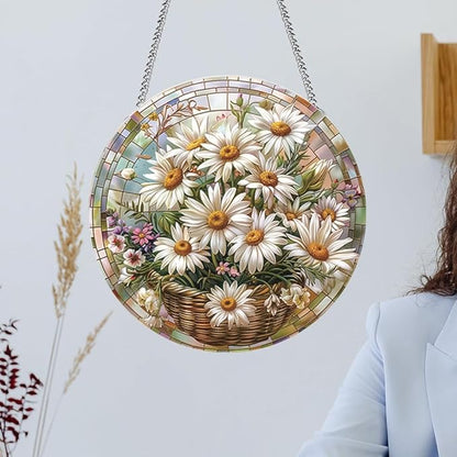 Daisy Flower Stained Window Hangings with Chain – Round Acrylic Wild Flower Ornament for Garden, Patio and Indoor Decor, Housewarming Gift for Mom,Mother, Grandma