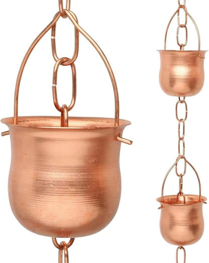 8.5’ Long Copper Rain Chain, Decorative Cups & Chimes, Gutter Downspout Replacement, Water Diverter for Home, Pot Style, Universal Fit