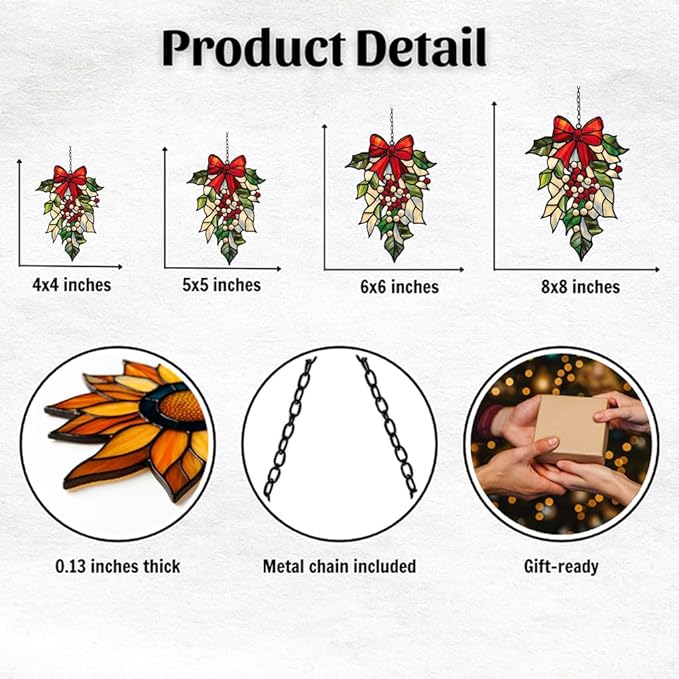 Mistletoe Acrylic Suncatcher Stained Glass Effect Window Car Hanging Christmas Ornament Indoor Outdoor Decor Garden Sun Catcher Panel for Christmas Lover for Women Mom Grandma