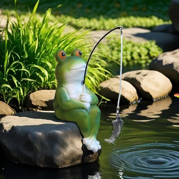 Garden Frog Pond Statue Decoration, Fishing Frog Garden Statue Outdoor Koi Pond or Waterfall Decor, 9.5" Frog Figurine Fishing Poolside Statue, Frog Gifts for Mom