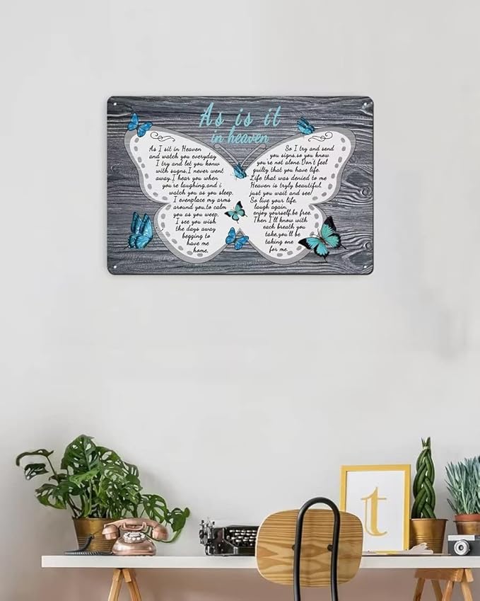 As I Sit in Heaven - Butterfly Decor Metal Sign 8x12 Inch Bedroom Cafe Home Bar Pub Coffee Kitchen Bathroom Funny Wall Decor Art