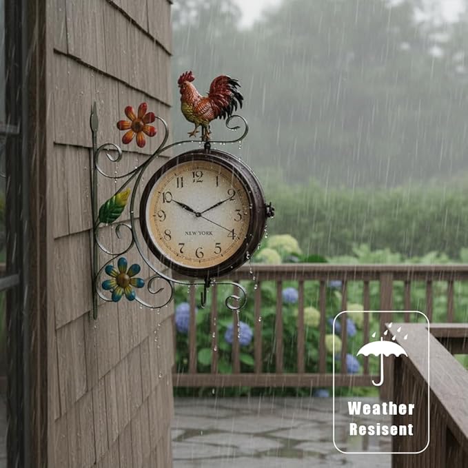 Vintage Indoor Outdoor Clock - Silent Non-Ticking, Double Sided Wall Clock with Rooster Decor Waterproof for Garden, Patio, Yard, Farmhouse, Home Décor (Orange)