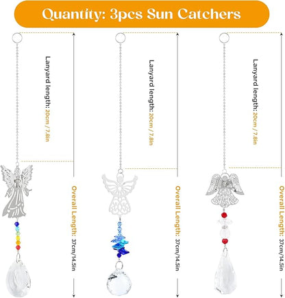 3 Pieces Crystal Sun Catchers - Angel Suncatchers for Windows Glass Heart Prism Sun Catcher with Chain Pendant Hanging Decor for Lamps Light Home Window Curtain Office Garden Car Decoration