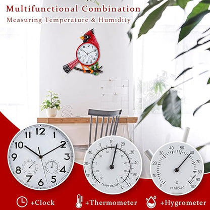 Large Outdoor Clock with Thermometer & Humidity - Silent Non-Ticking, Cardinal Outdoor Wall Clock for Patio, Garden, Kitchen, Living Room(Red)