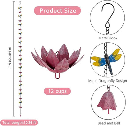 10ft Lotus Rain Chains for Outside, 12-Cup Rain Chain Replacement Downspout for Gutters,Eaves, Drainage, Adjustable Length(Pink)