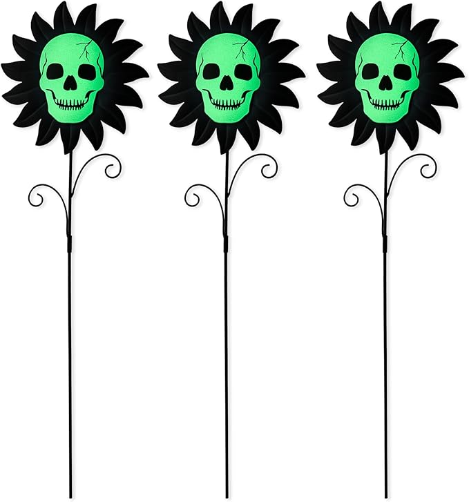 Glitzhome Set of 3 Glow in Dark Halloween Sunflower Skulls Metal Yard Stake, 24" Metal Yard Sign or Wall Decor for Outdoor