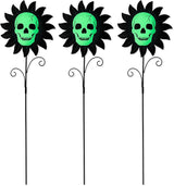 Glitzhome Set of 3 Glow in Dark Halloween Sunflower Skulls Metal Yard Stake, 24" Metal Yard Sign or Wall Decor for Outdoor
