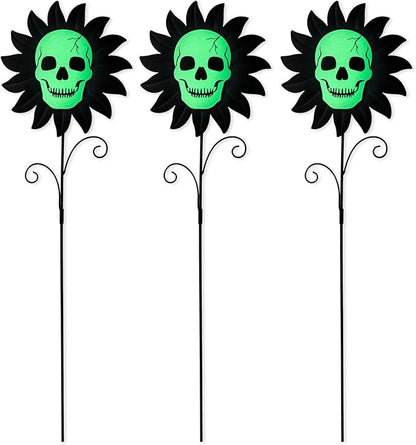 Glitzhome Set of 3 Glow in Dark Halloween Sunflower Skulls Metal Yard Stake, 24" Metal Yard Sign or Wall Decor for Outdoor
