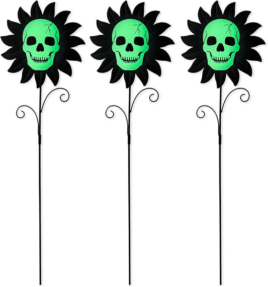 Glitzhome Set of 3 Glow in Dark Halloween Sunflower Skulls Metal Yard Stake, 24" Metal Yard Sign or Wall Decor for Outdoor