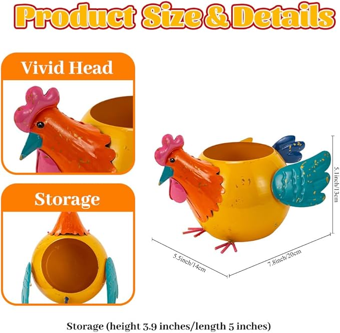Oak & Lore Outdoor Metal Rooster Garden Statues, Colorful Chicken Garden Sculptures & Statues with Planters for Patio Lawn Backyard Decor