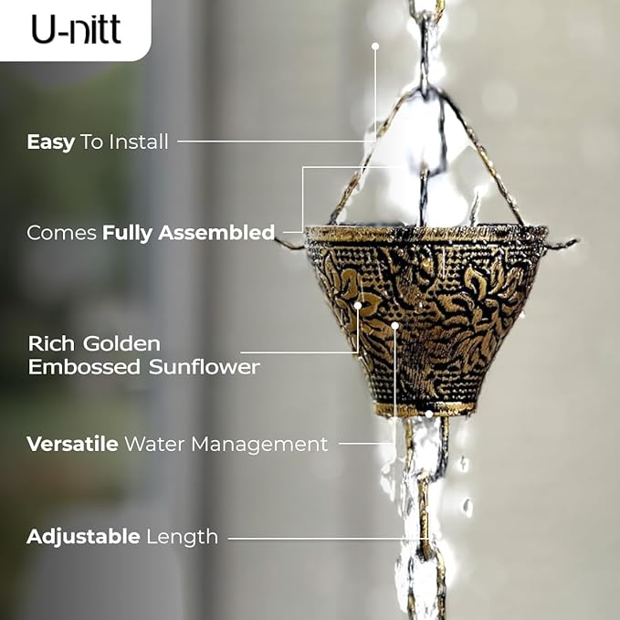 U-nitt Rain Chain Water Collection for Gutters Rainwater Catcher & Diverter, 8.5 FT Chains for Outside Garden, Sunflower Cups, Roof Downspout, Works with Heavy Rain, w/Gutter Clip for Rainchains