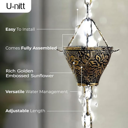 U-nitt Rain Chain Water Collection for Gutters Rainwater Catcher & Diverter, 8.5 FT Chains for Outside Garden, Sunflower Cups, Roof Downspout, Works with Heavy Rain, w/Gutter Clip for Rainchains